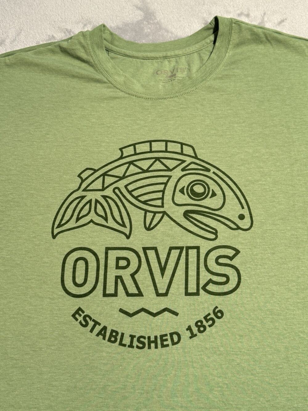 Large Orvis Tribal Fly Fish T-Shirt Graphic Print Green Tee Outdoor Gorpcore EUC